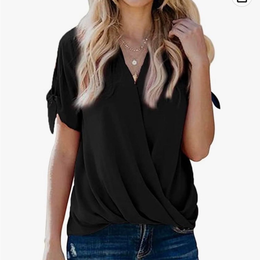 HOTAPEI Large Black Loose V-Neck Blouse